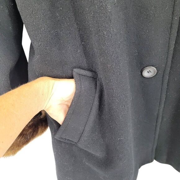 Vintage 80s Black Wool Coat 2X Faux Fur Hood Cuffs Button Front USA City Classic - Picture 5 of 11